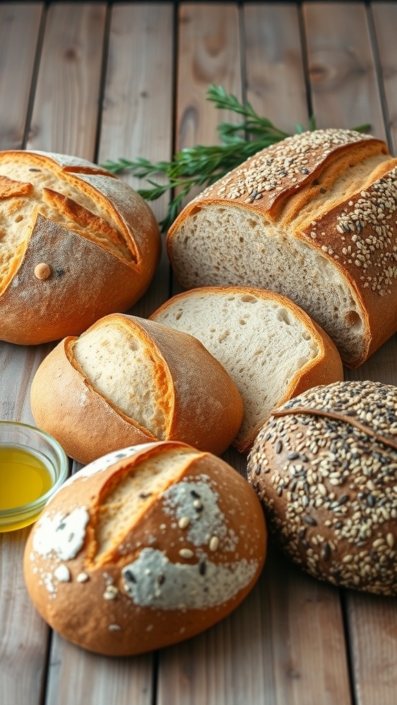 An assortment of sourdough bread varieties including San Francisco, whole wheat, rye, and seeded loaves on a wooden table.